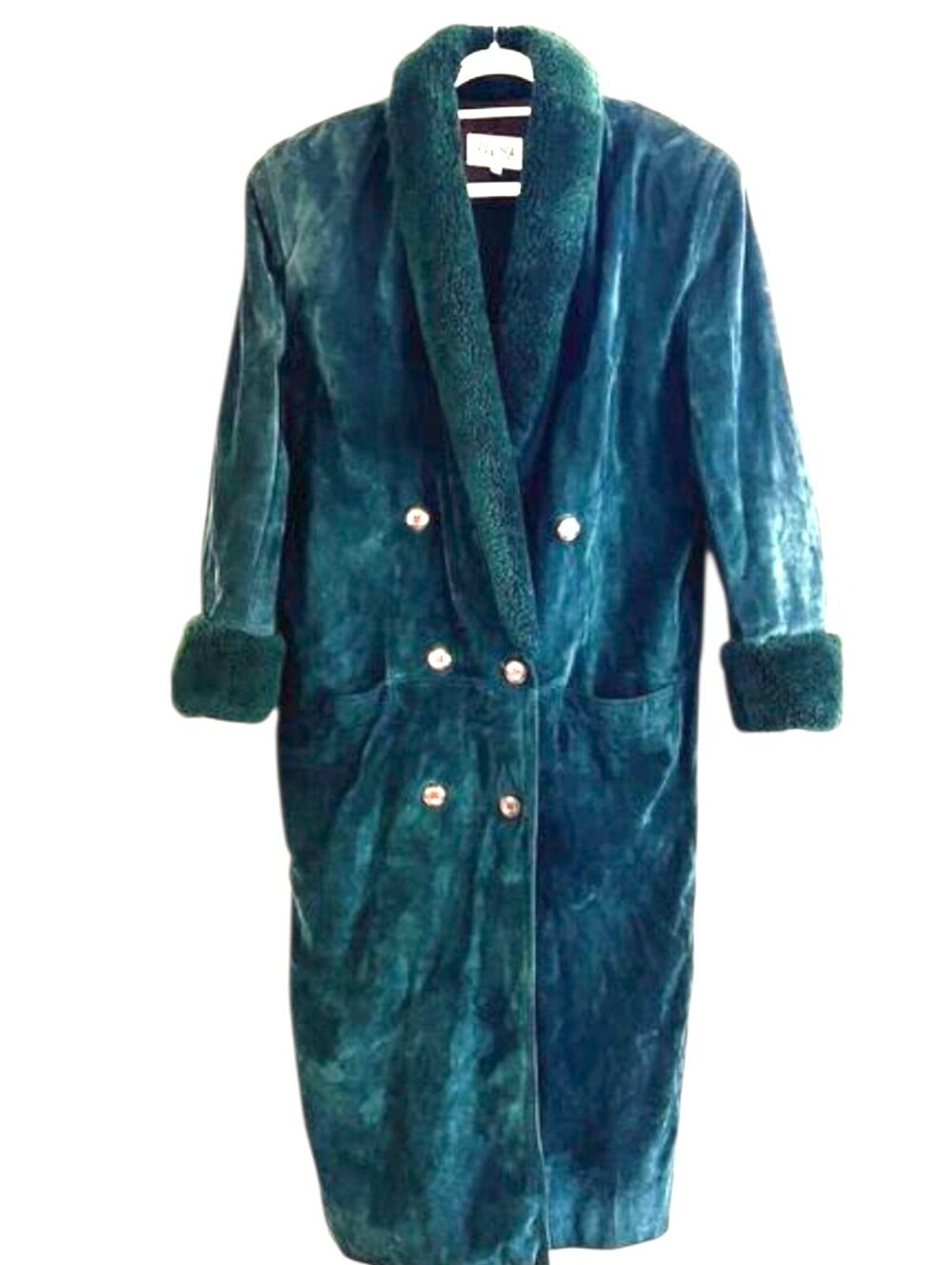 VTG MAXIMA Forest Green Suede Coat Faux Fur Collar Cuffs Button Close Belt Sz 8